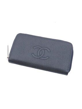 Chanel Medium Wallet Navy Silver Caviar Leather CC Logo Zip Around